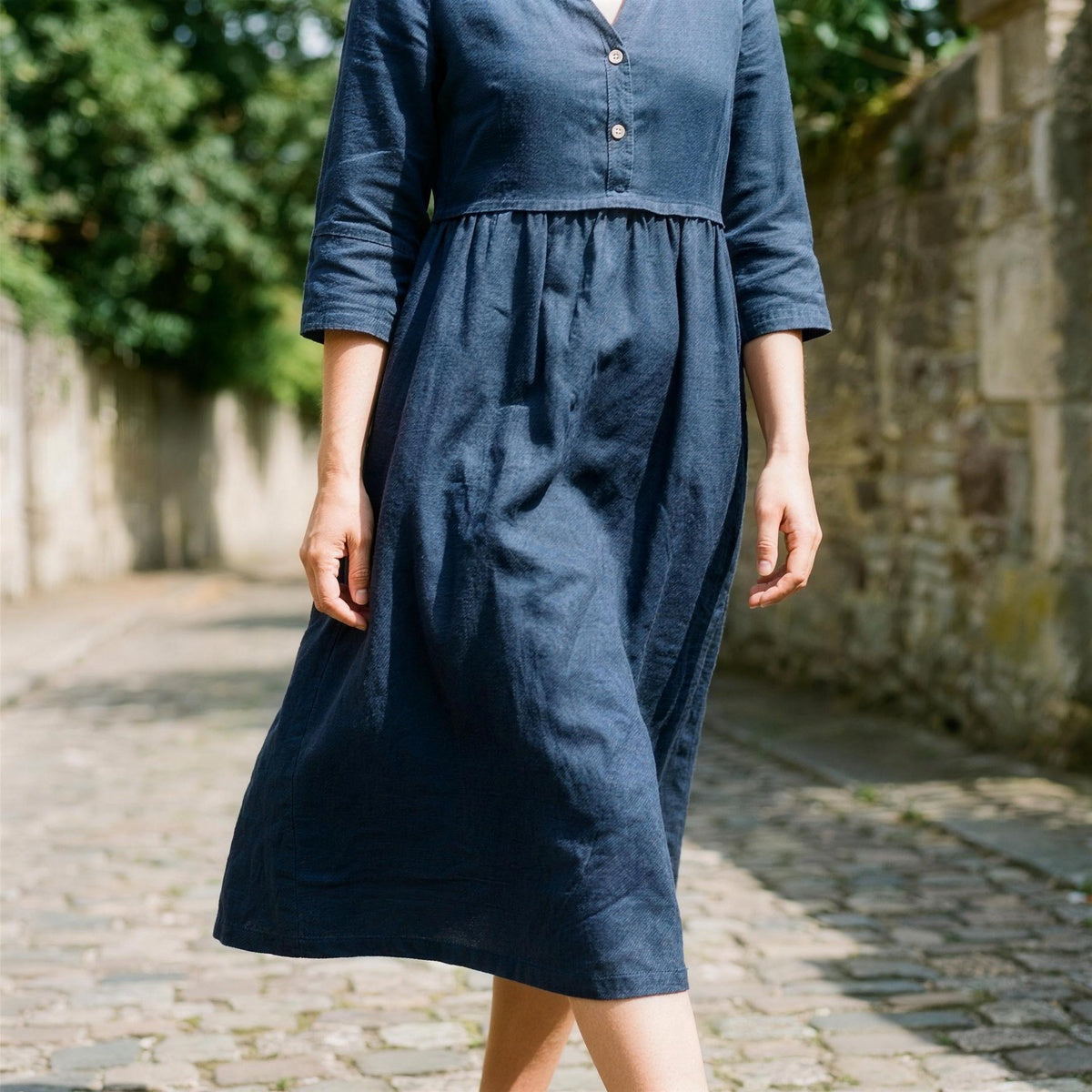 Button Waist Linen Midi Dress