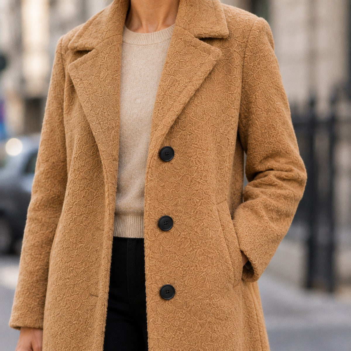 Long Lapel Collar Coat with Button Closure