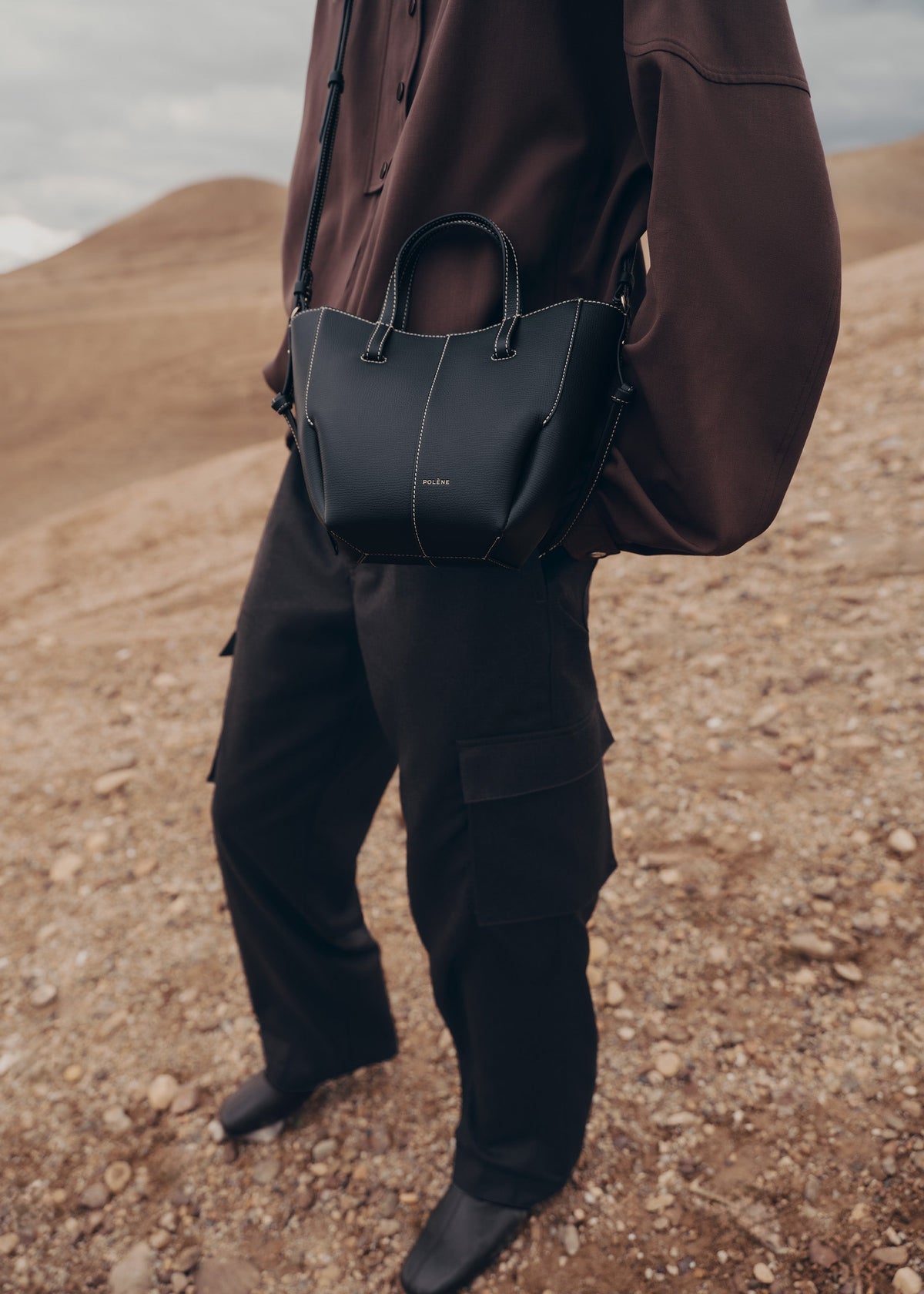PLNE - Cyme Tote Nano - Textured Black with Ecru Stitching