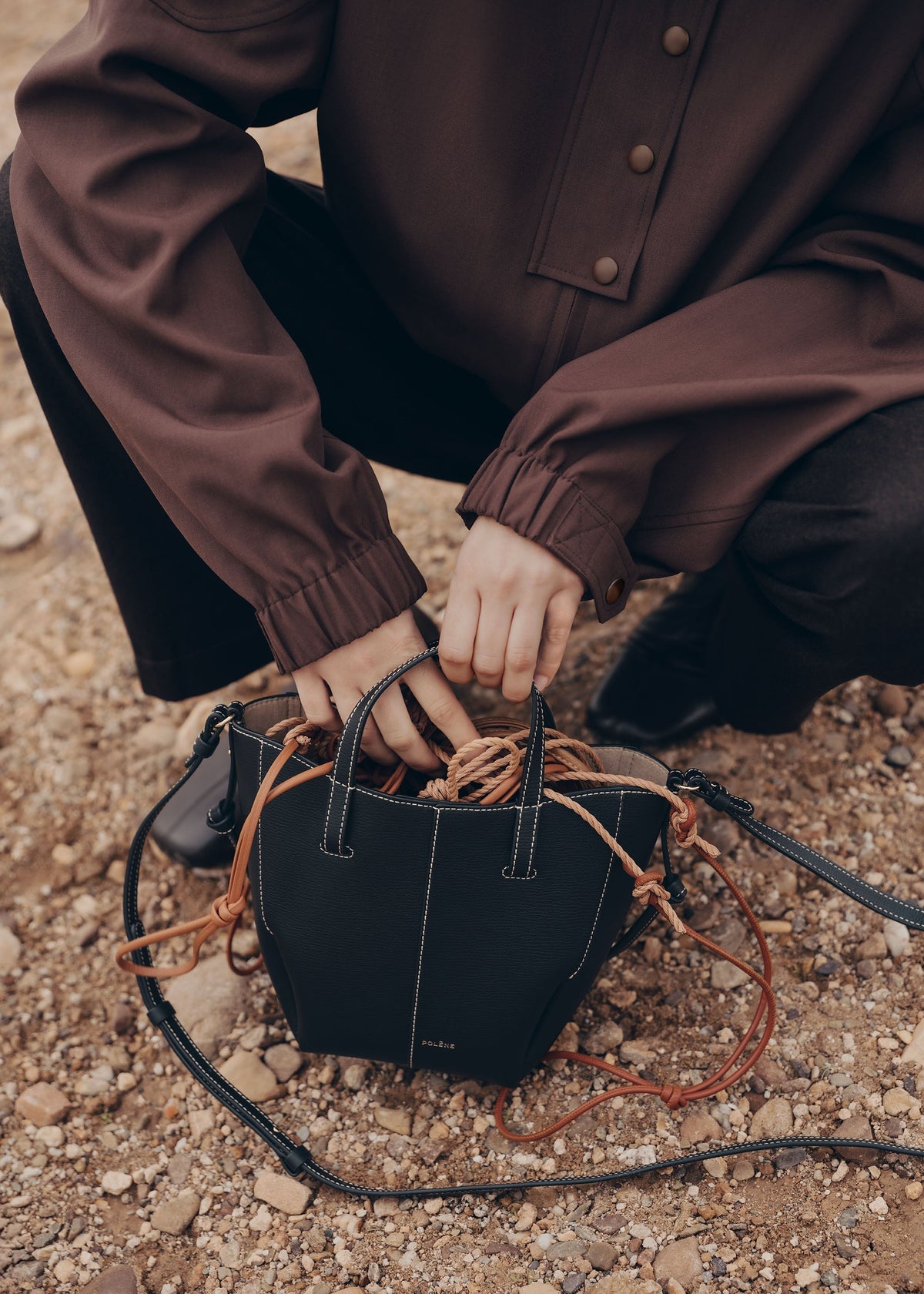 PLNE - Cyme Tote Nano - Textured Black with Ecru Stitching