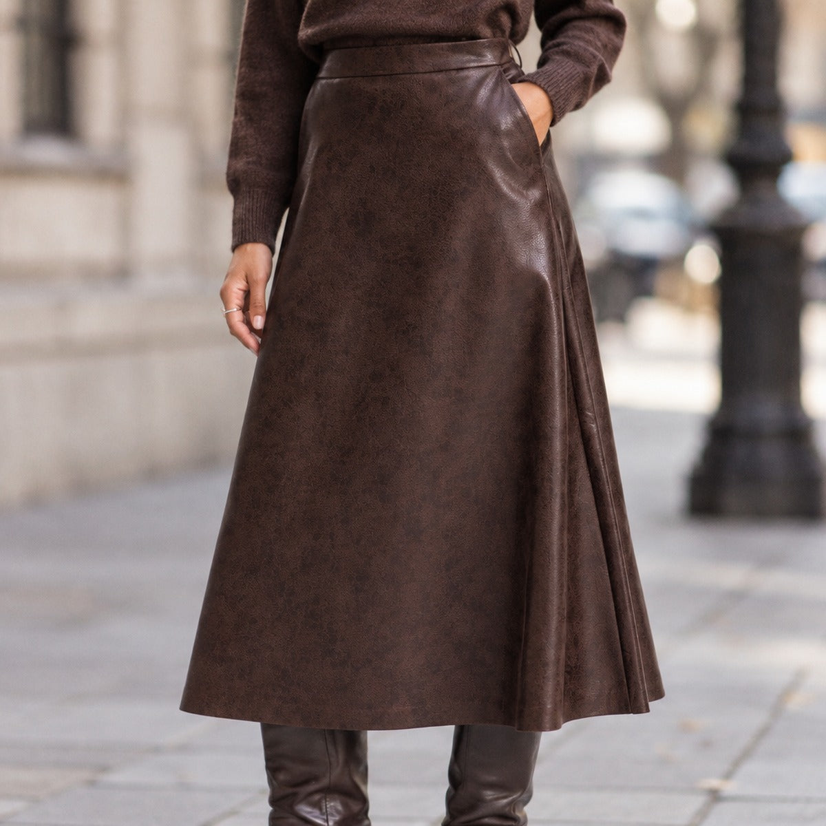 A-Line Midi Skirt in Faux Leather