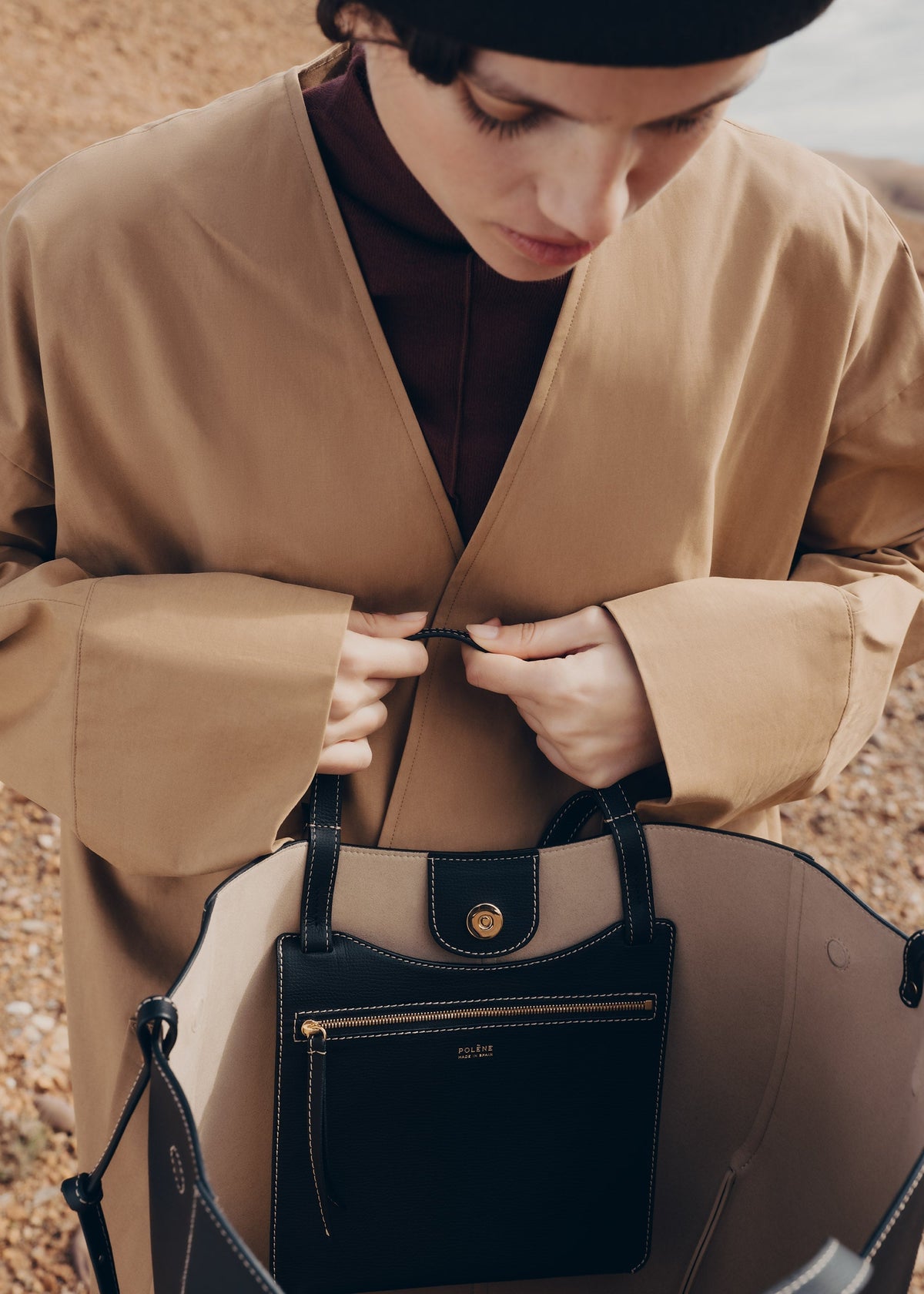 PLNE - Cyme Tote - Textured Black with Ecru Stitching